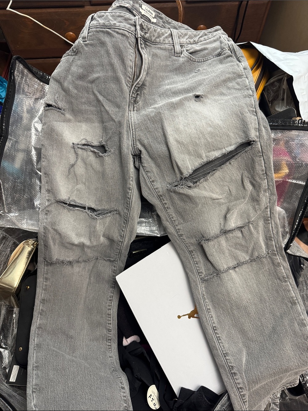 L.L. Bean Distressed Straight-Leg Jeans in Faded Gray